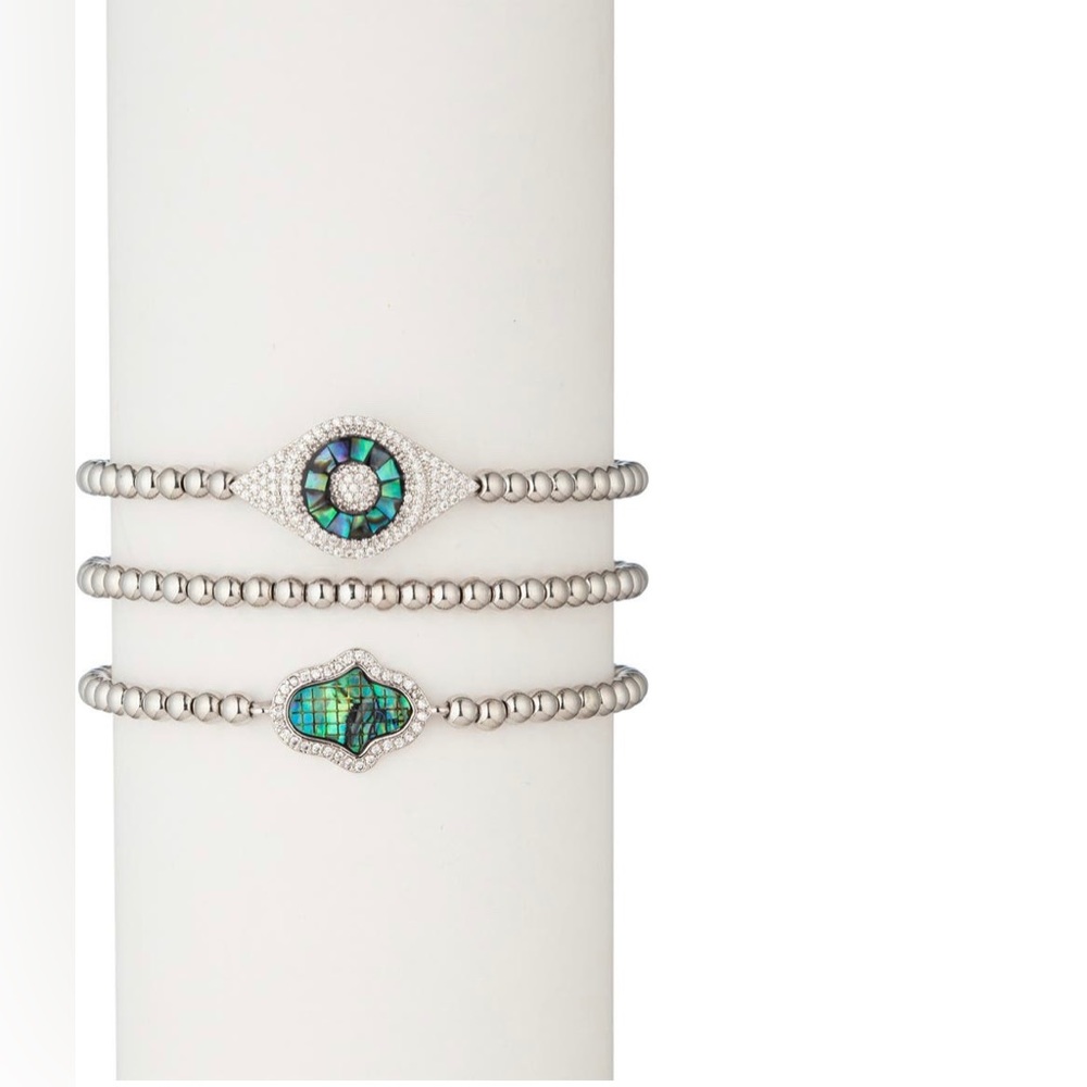 Eye Candy Hamsa and Evil Eye Abalone Stretch Bracelets- Set of 3